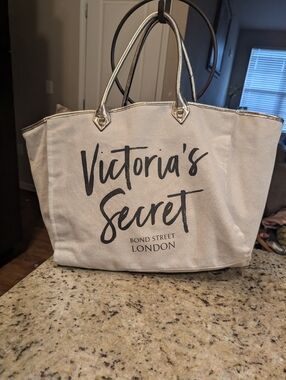 Victorias Secret Cream Gold Large Canvas Tote Bag Like New